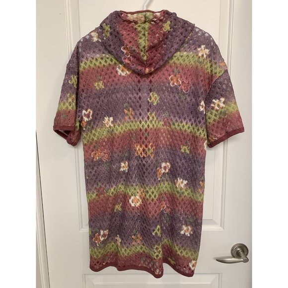 Open Knit Cardigan Women’s Medium Short Sleeve Coverup With Hood Floral Crochet - Picture 2 of 8